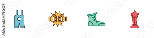 Set Wrestling singlet, Punch boxing gloves, Sport shoes and Award cup icon. Vector.