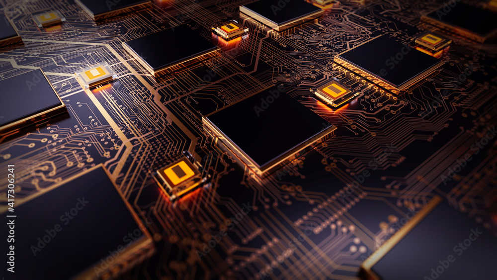 Printed circuit board futuristic server. Abstract circuit board futuristic server code processing. Orange,  gold, blue color technology background with bokeh. 3d Rendering