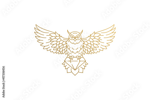 Flying owl with diamond silhouette linear vector illustration.