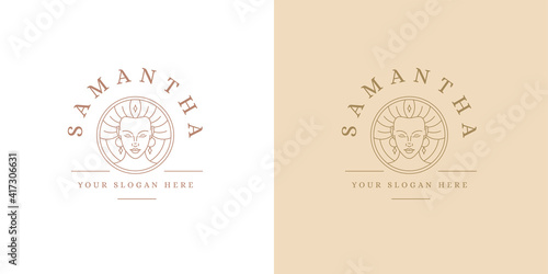 Female face with beautiful hairstyle logo template linear vector illustration