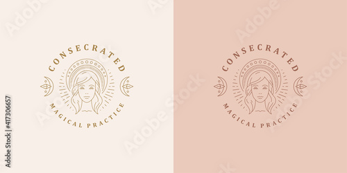 Woman head with celestial ornamental headgear logo linear vector illustration