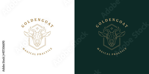Goat head with horns logo template linear vector illustration