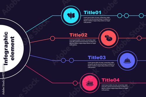 Set Rolling pin on dough, Bread loaf, Pudding custard and Piece of cake. Business infographic template. Vector.