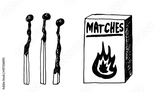 Hand drawn doodle matches. Burnt wooden stick. Simple vector illustration.
