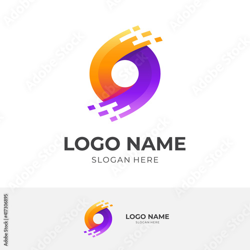 letter O tech logo, letter O and technology, combination logo with 3d purple and orange color style