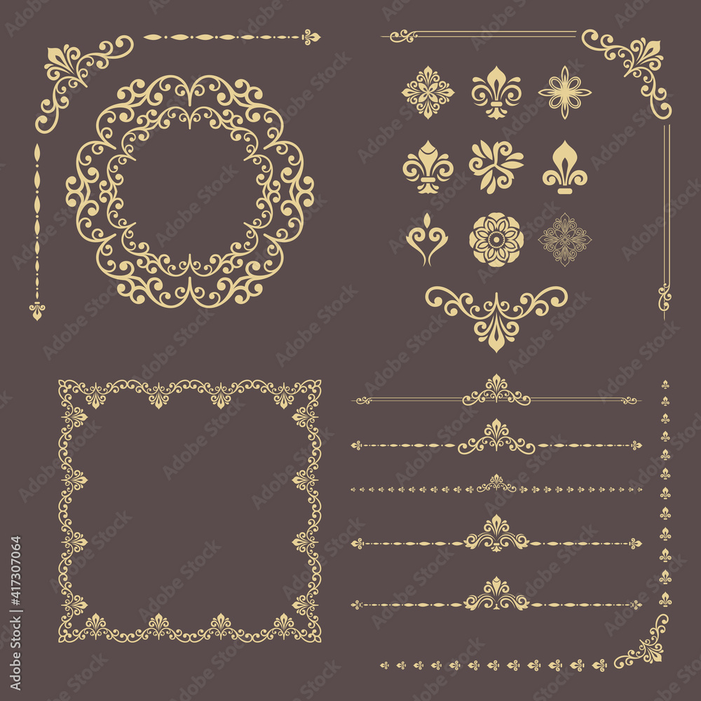 Vintage set of horizontal, square and round elements. Different elements for backgrounds, frames and monograms. Classic golden patterns. Set of vintage patterns