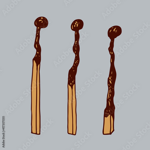 Hand drawn doodle matches. Burnt wooden stick. Simple vector illustration.