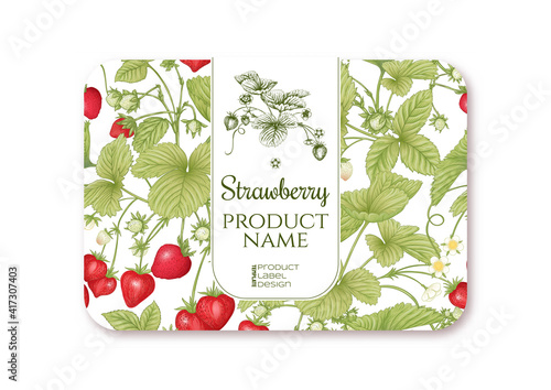 Strawberry. Ripe berries. Template for product label, cosmetic packaging. Easy to edit. Graphic drawing, engraving style. Vector illustration