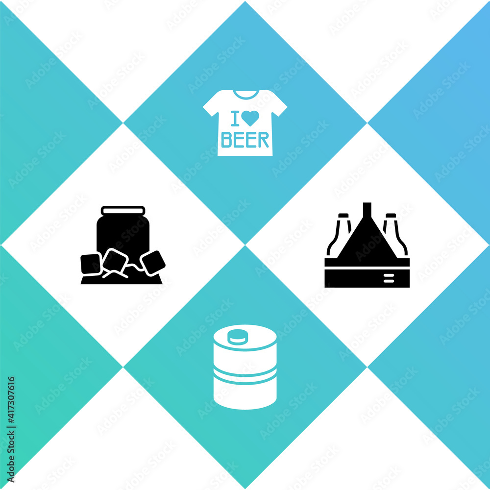 Set Cold beer can, Metal keg, Beer T-shirt and Pack of bottles icon. Vector. Set Cold beer can, Metal keg, Beer T-shirt and Pack of bottles icon. Vector.