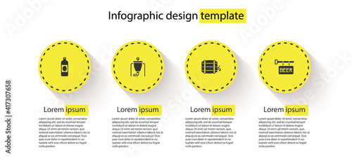 Set Plastic beer bottle, Beer brewing process, Wooden barrel on rack and Street signboard with. Business infographic template. Vector.