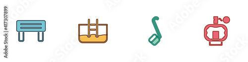 Set Sauna wood bench, Swimming pool with ladder, ladle and Aftershave icon. Vector.