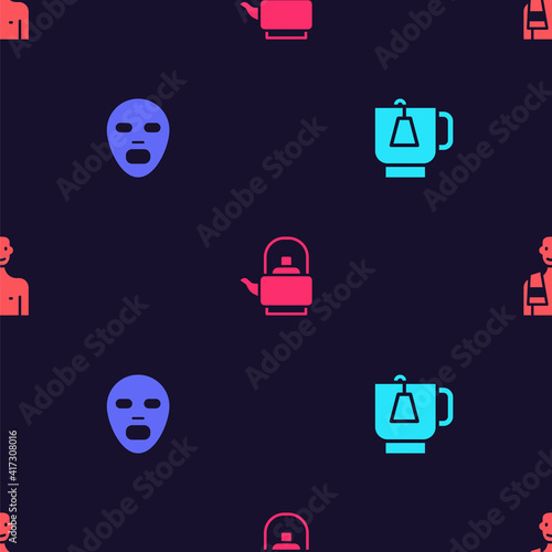 Set Cup of tea with tea bag, Facial cosmetic mask, Kettle handle and Man in the sauna on seamless pattern. Vector.