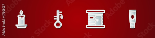 Set Aroma candle, Sauna thermometer, wooden bathhouse and Cream or lotion cosmetic tube icon. Vector.