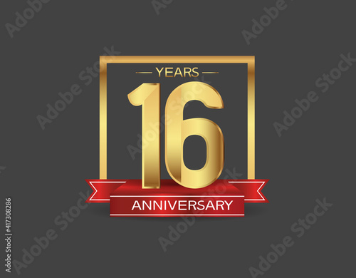 16 years anniversary logo style with golden square and red ribbon isolated on black background for celebration moment