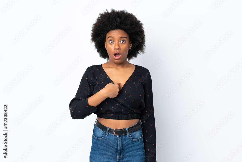 Young African American woman isolated on white background pointing to oneself Young African American woman isolated on white background pointing to oneself