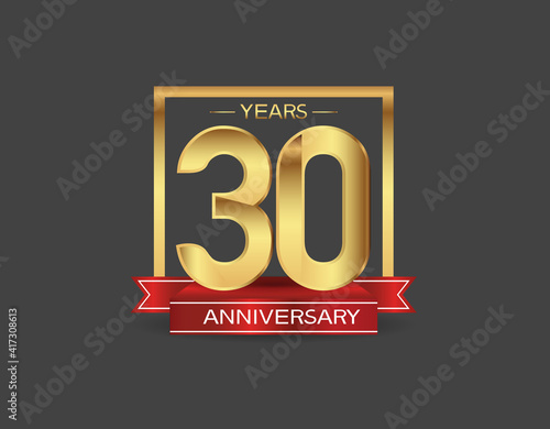 30 years anniversary logo style with golden square and red ribbon isolated on black background for celebration moment