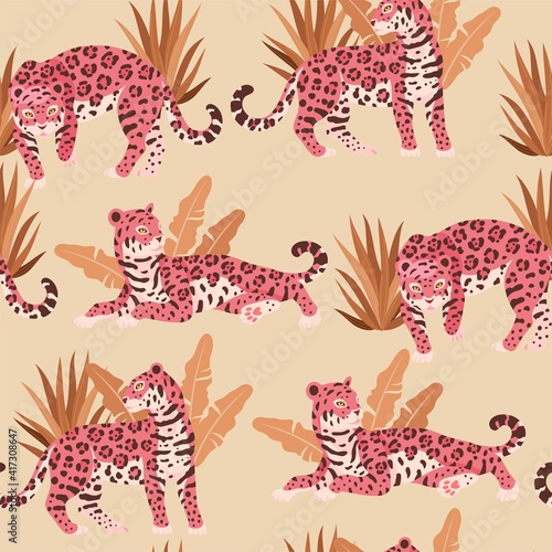 Seamless vector pattern with cute pink jaguar