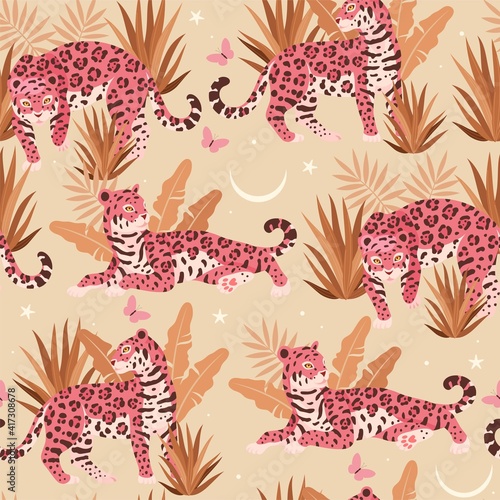 Seamless vector pattern with cute pink jaguar