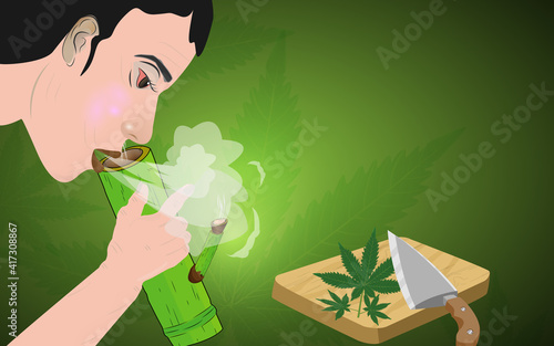 Woman taking marijuana on green background. Bamboo bong, cannabis leaves. Green marijuana leaf. Chopping board and knife for slicing or chopping cannabis leaves.