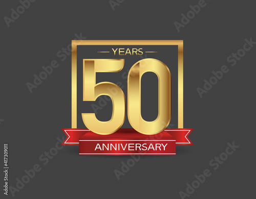 50 years anniversary logo style with golden square and red ribbon isolated on black background for celebration moment
