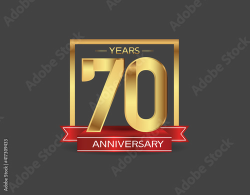 70 years anniversary logo style with golden square and red ribbon isolated on black background for celebration moment