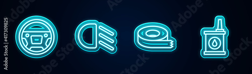 Set line Steering wheel, High beam, Scotch tape and Canister for motor oil. Glowing neon icon. Vector.