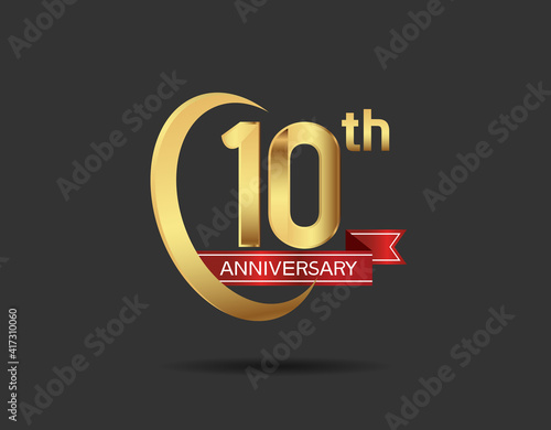 10 years anniversary logo style with swoosh ring golden color and red ribbon isolated on black background for company celebration