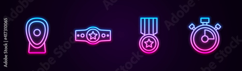 Set line Boxing training paws, belt, Medal and Stopwatch. Glowing neon icon. Vector.