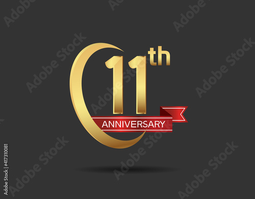11 years anniversary logo style with swoosh ring golden color and red ribbon isolated on black background for company celebration