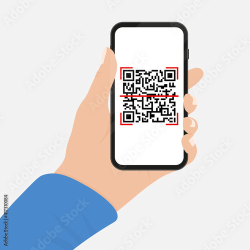 Hand holds phone with qr code on screen. Scanning code by phone. Qr label sticker. Vector illustration.