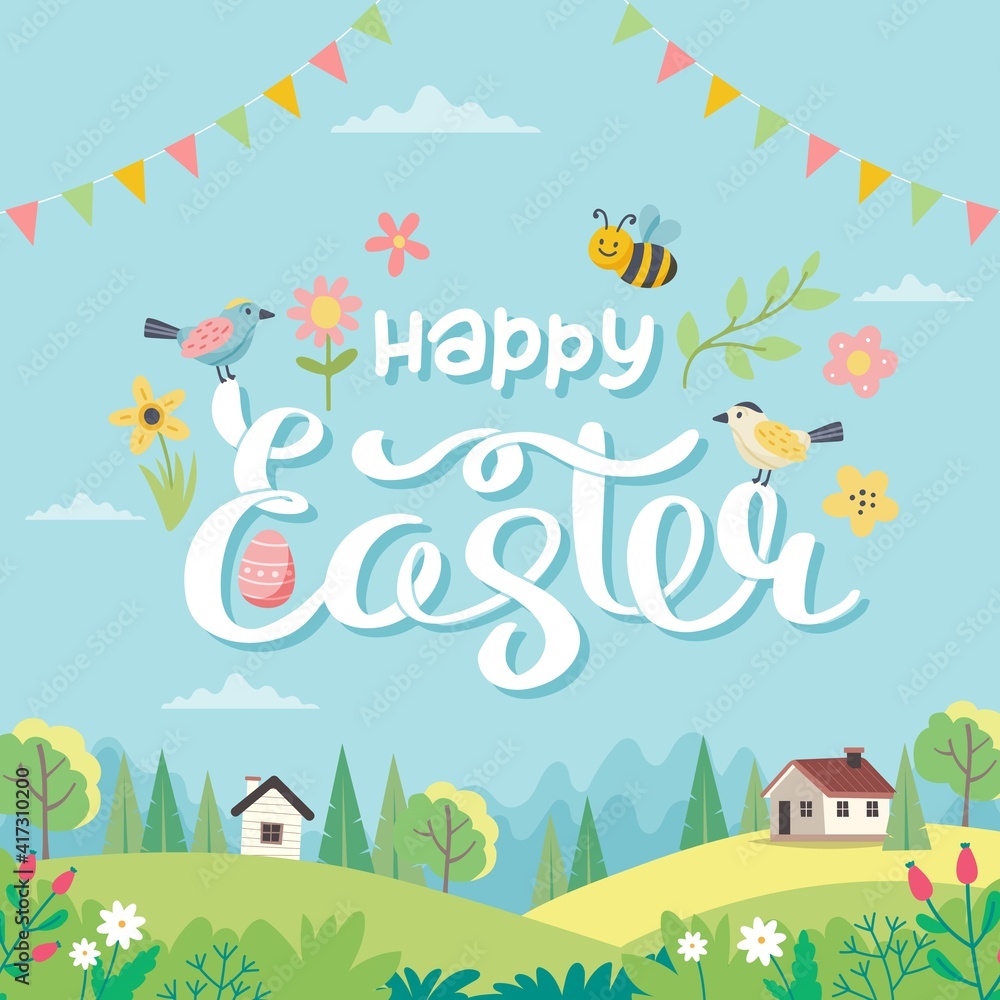 Happy Easter card with lettering and cute landscape. Hand drawn flat cartoon. Vector illustration