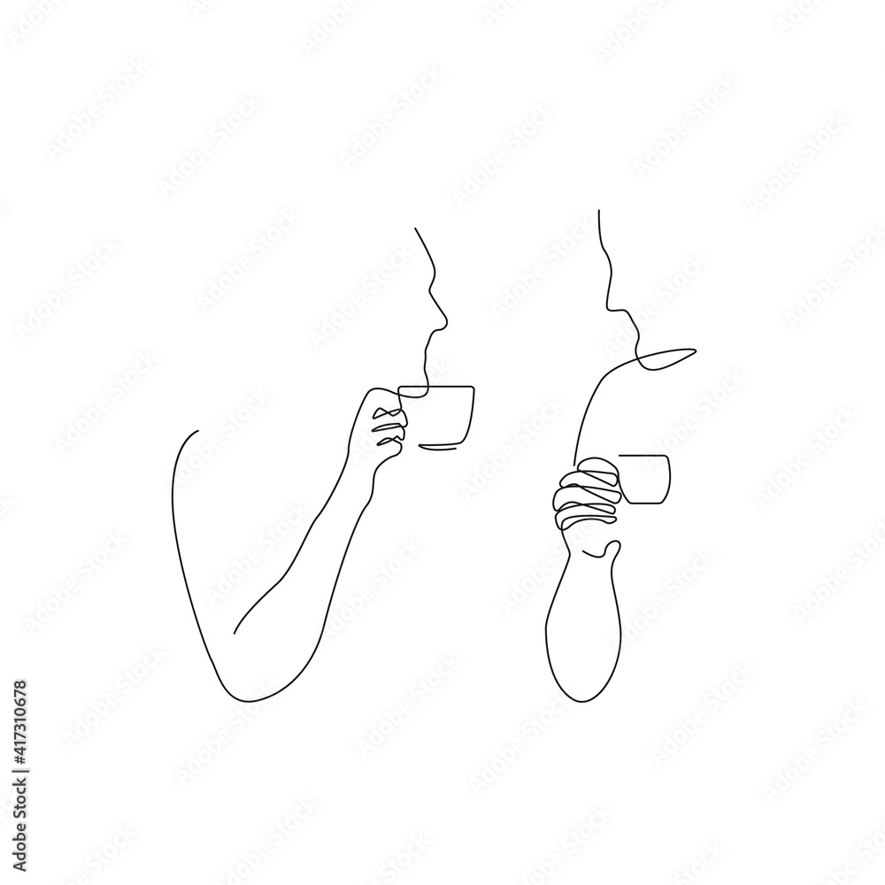 Couple with Coffee Cups Continuous One Line Drawing. Continuous Line Drawing of Abstract Faces with Coffee. Black White Artwork. Minimalist Modern Design. Vector EPS 10. Couple with Coffee Cups Continuous One Line Drawing. Continuous Line Drawing of Abstract Faces with Coffee. Black White Artwork. Minimalist Modern Design. Vector EPS 10.