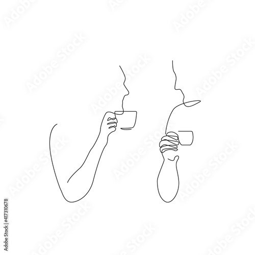 Couple with Coffee Cups Continuous One Line Drawing. Continuous Line Drawing of Abstract Faces with Coffee. Black White Artwork. Minimalist Modern Design. Vector EPS 10.