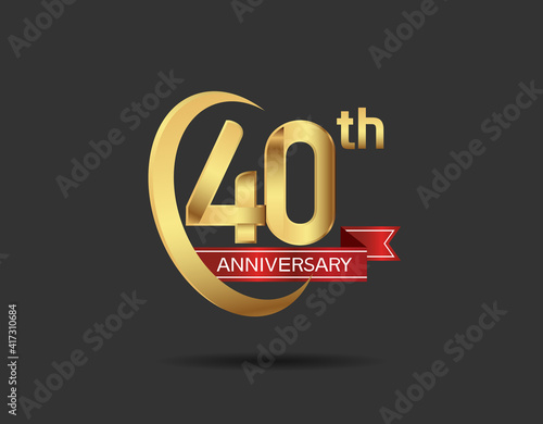 40 years anniversary logo style with swoosh ring golden color and red ribbon isolated on black background for company celebration