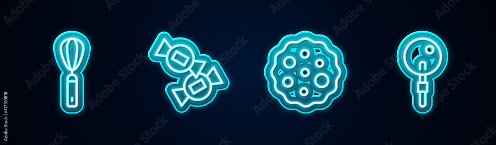 Set line Kitchen whisk, Candy, Cookie or biscuit and Lollipop. Glowing neon icon. Vector. Set line Kitchen whisk, Candy, Cookie or biscuit and Lollipop. Glowing neon icon. Vector.