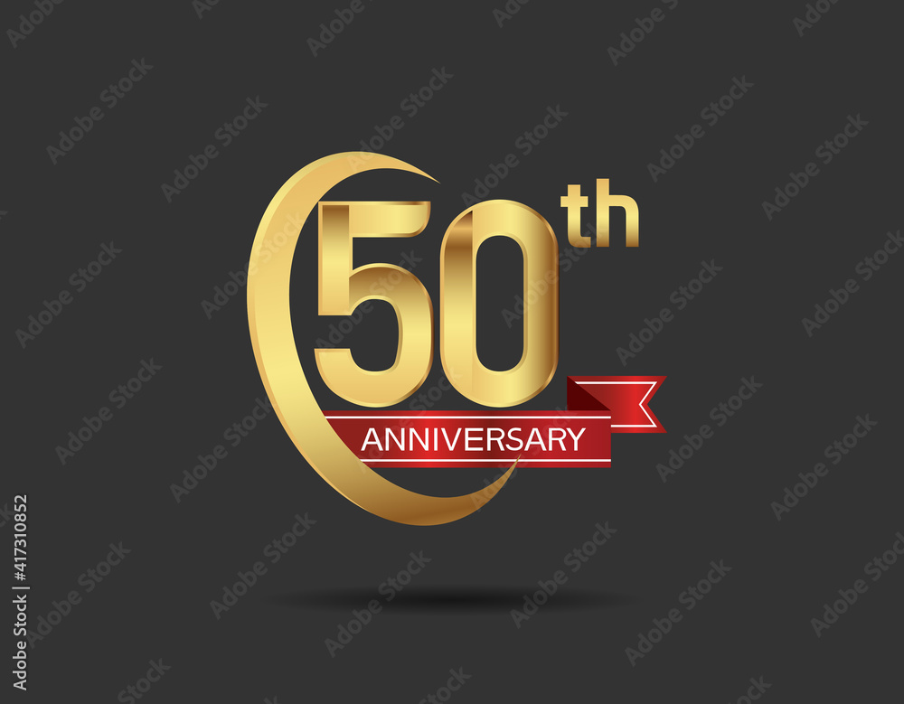 Obraz premium 50 years anniversary logo style with swoosh ring golden color and red ribbon isolated on black background for company celebration