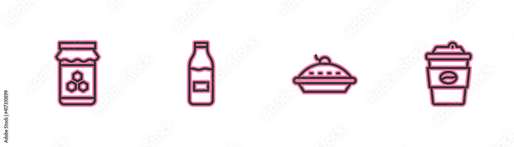 Set line Jar of honey, Homemade pie, Bottle with milk and Coffee cup to go icon. Vector. Set line Jar of honey, Homemade pie, Bottle with milk and Coffee cup to go icon. Vector.