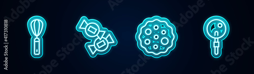 Set line Kitchen whisk, Candy, Cookie or biscuit and Lollipop. Glowing neon icon. Vector.