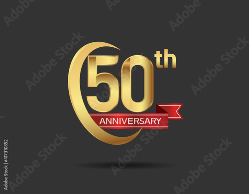 50 years anniversary logo style with swoosh ring golden color and red ribbon isolated on black background for company celebration