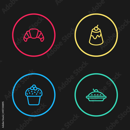 Set line Cake, Homemade pie, Pudding custard and Croissant icon. Vector.