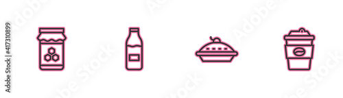 Set line Jar of honey, Homemade pie, Bottle with milk and Coffee cup to go icon. Vector.