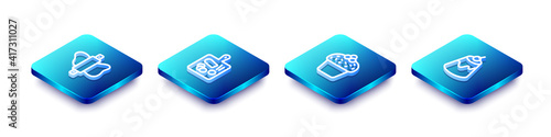Set Isometric line Rolling pin on dough, Cutting board, Cake and Pudding custard icon. Vector.
