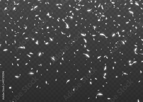 Falling silver confetti  shiny tinsel  and pieces of serpentine  abstract party background. Christmas decoration isolated on dark transparent backdrop. Realistic vector illustration.