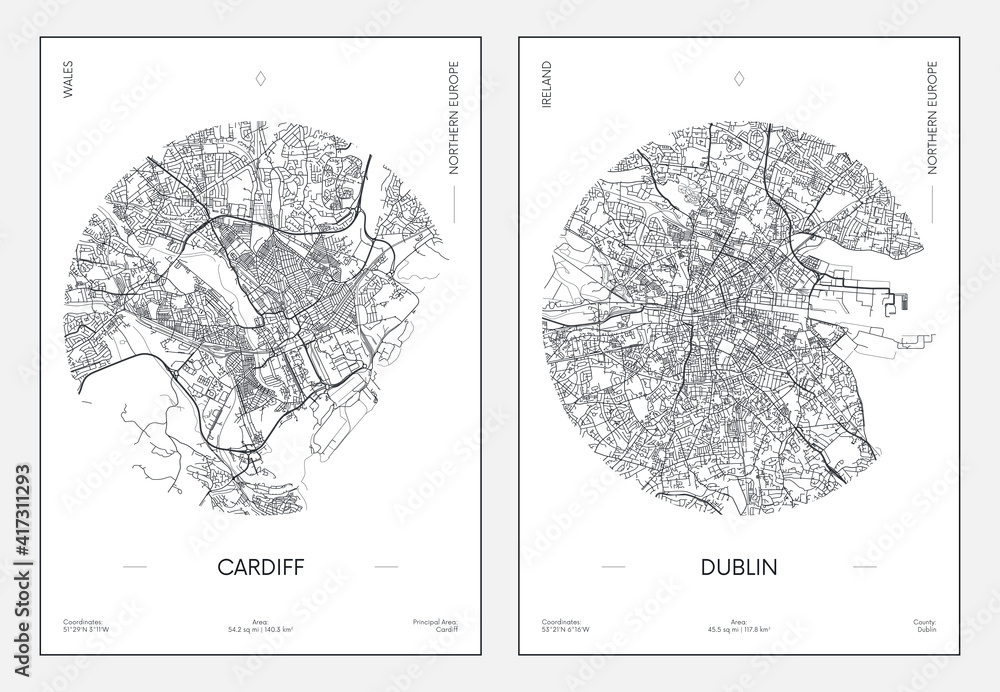 Naklejka premium Travel poster, urban street plan city map Cardiff and Dublin, vector illustration