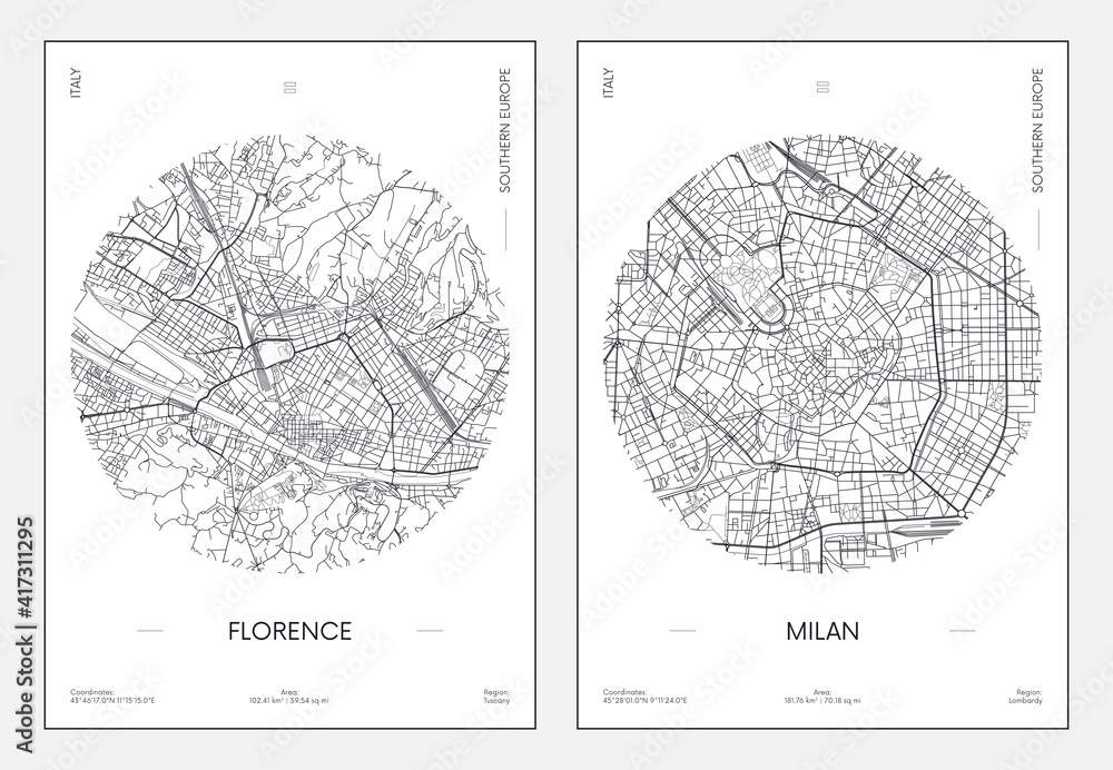Obraz premium Travel poster, urban street plan city map Florence and Milan, vector illustration