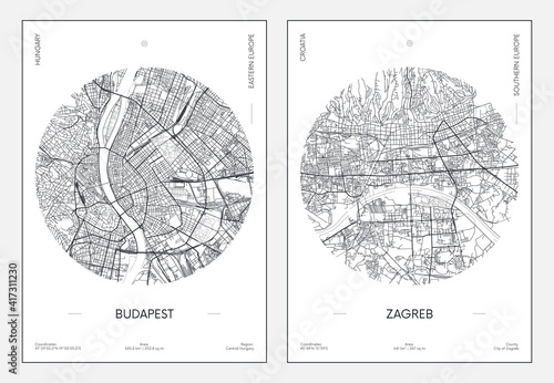 Plakat miejski plan ulic miasta Budapeszt i Zagrzeb