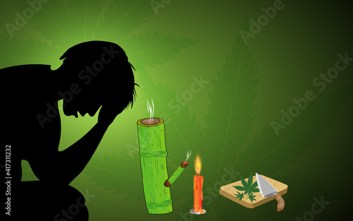 A stressed woman or man silhouette on a green background. Bamboo bong, cannabis leaves. Green marijuana leaf Chopping board and knife for slicing or chopping cannabis leaves