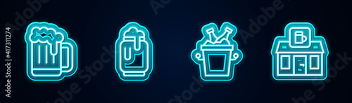 Set line Wooden beer mug, Beer can with foam, bottles in ice bucket and Store building of shop. Glowing neon icon. Vector.