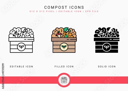 Compost icons set vector illustration with solid icon line style. Bio degradable concept. Editable stroke icon on isolated background for web design, user interface, and mobile app