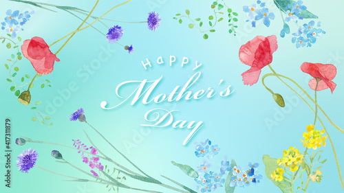 母の日バナー。春の野原のお花のフレームデザイン。水彩イラストのトレースベクター。レイアウト変更可能。